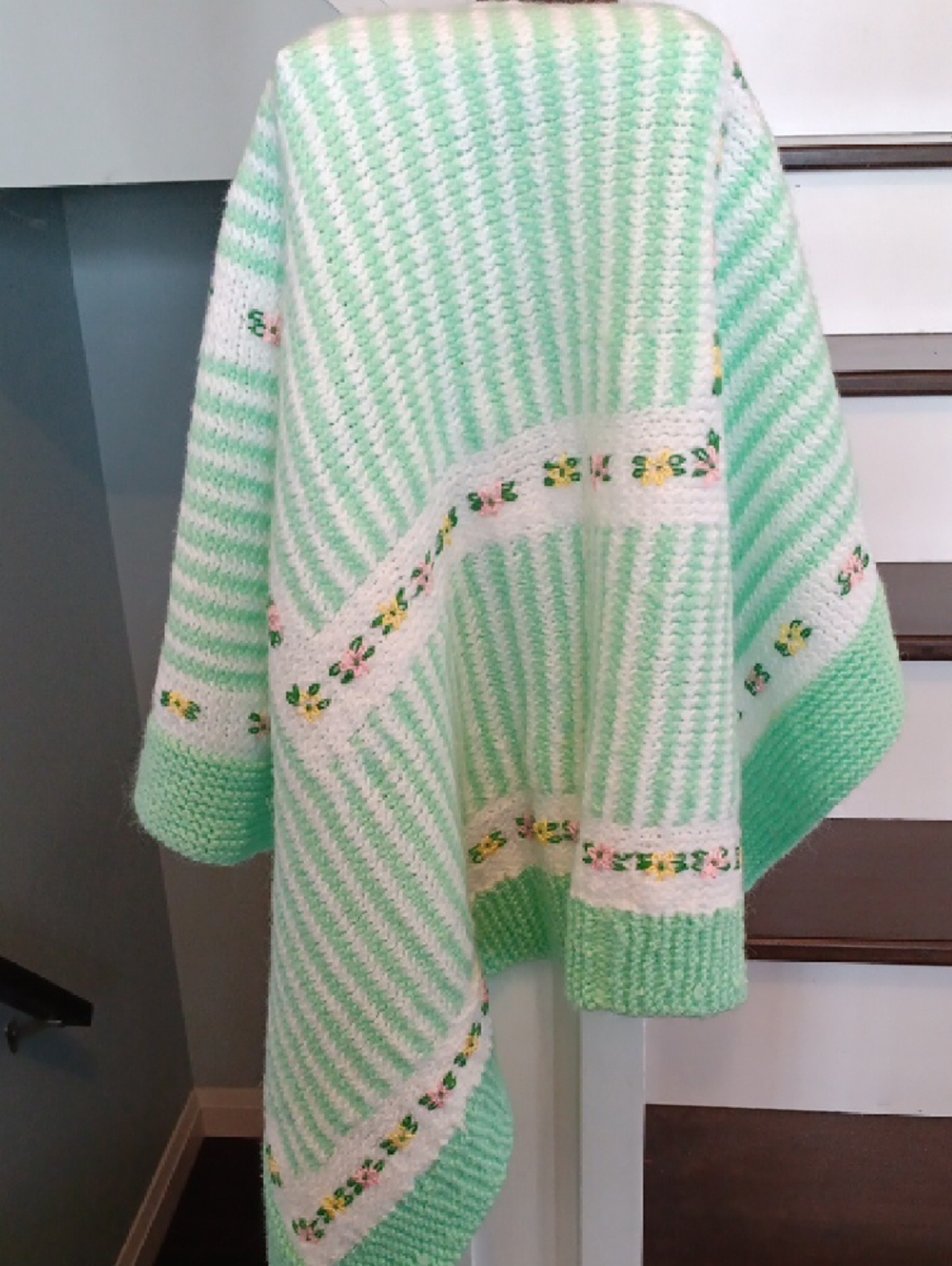 + Vintage Handmade Mint Green Striped Knitted & Embroidered Baby Blanket